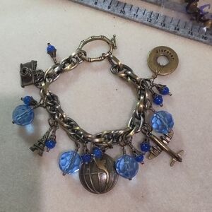 Discovery Blue Bead Travel Charm Bracelet with Antique Gold-Tone Charms
